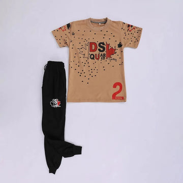 تيشرت نص كم وبنطلون اولادي محير ميلتون رسومات بني في اسود صيفي من براند الغلابة - BRAND-12